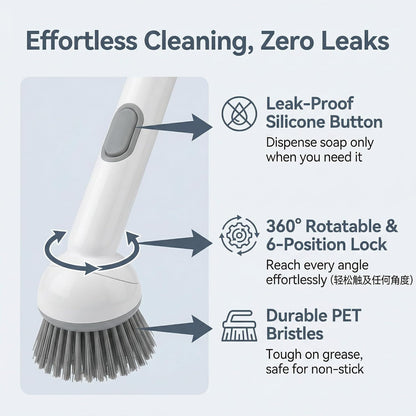 6-in-1 Dish Brush with Soap Dispenser – Adjustable Rotating Scrub Brush for Pots, Pans & Kitchen Cleaning
