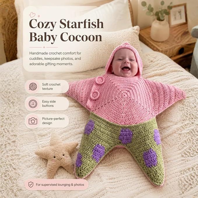Crochet Star-Shaped Baby Swaddle | Hooded Design