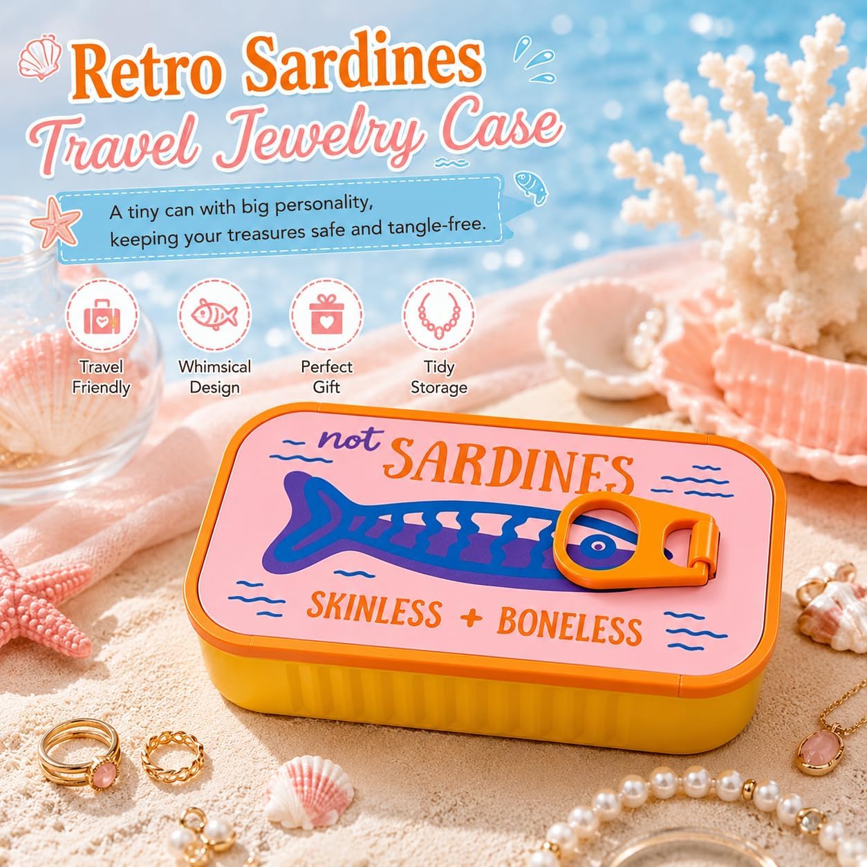 Sardines Travel Jewelry Case with 3 Fish-Shaped Holders