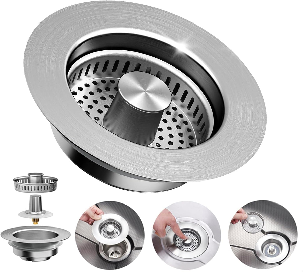 Upgraded 3 in 1 Kitchen Sink Drain Strainer, Stainless Steel, Larger Anti-Clogging Basket