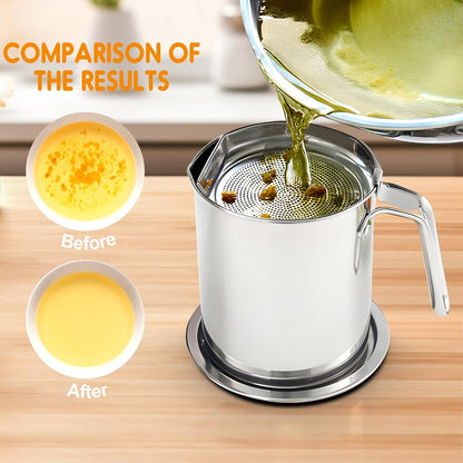 Grease Container With Strainer, Cooking Oil Keeper with Lid and Easy-Grip Handle