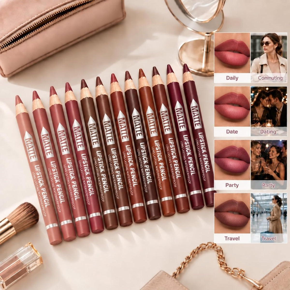 12Pcs Matte Lip Liner With Sharpener Set Waterproof Smudgeproof