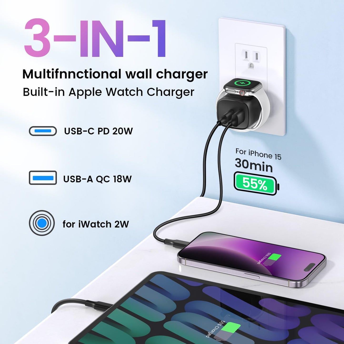 3-in-1 Charger Block USB C Charger Block for Apple Watch