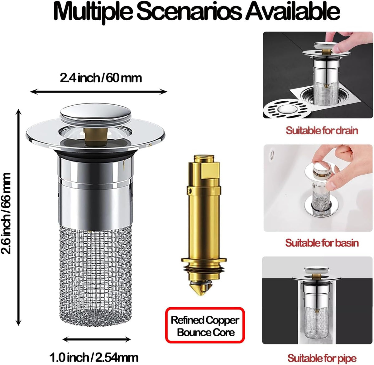 2Pack Sink Stopper Strainer - Pop-Up Drain with Removable Stainless