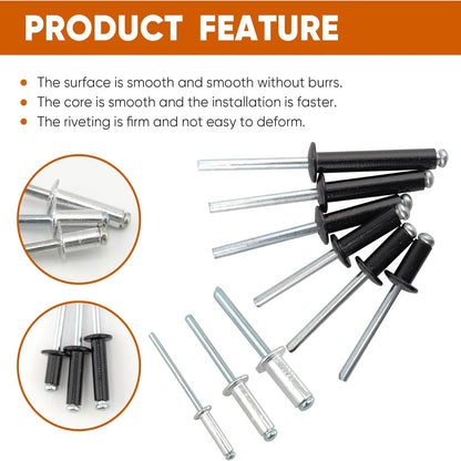 100Pcs  Aluminum Open End Blind Rivets，Aluminum Grip and Steel Mandrel Set