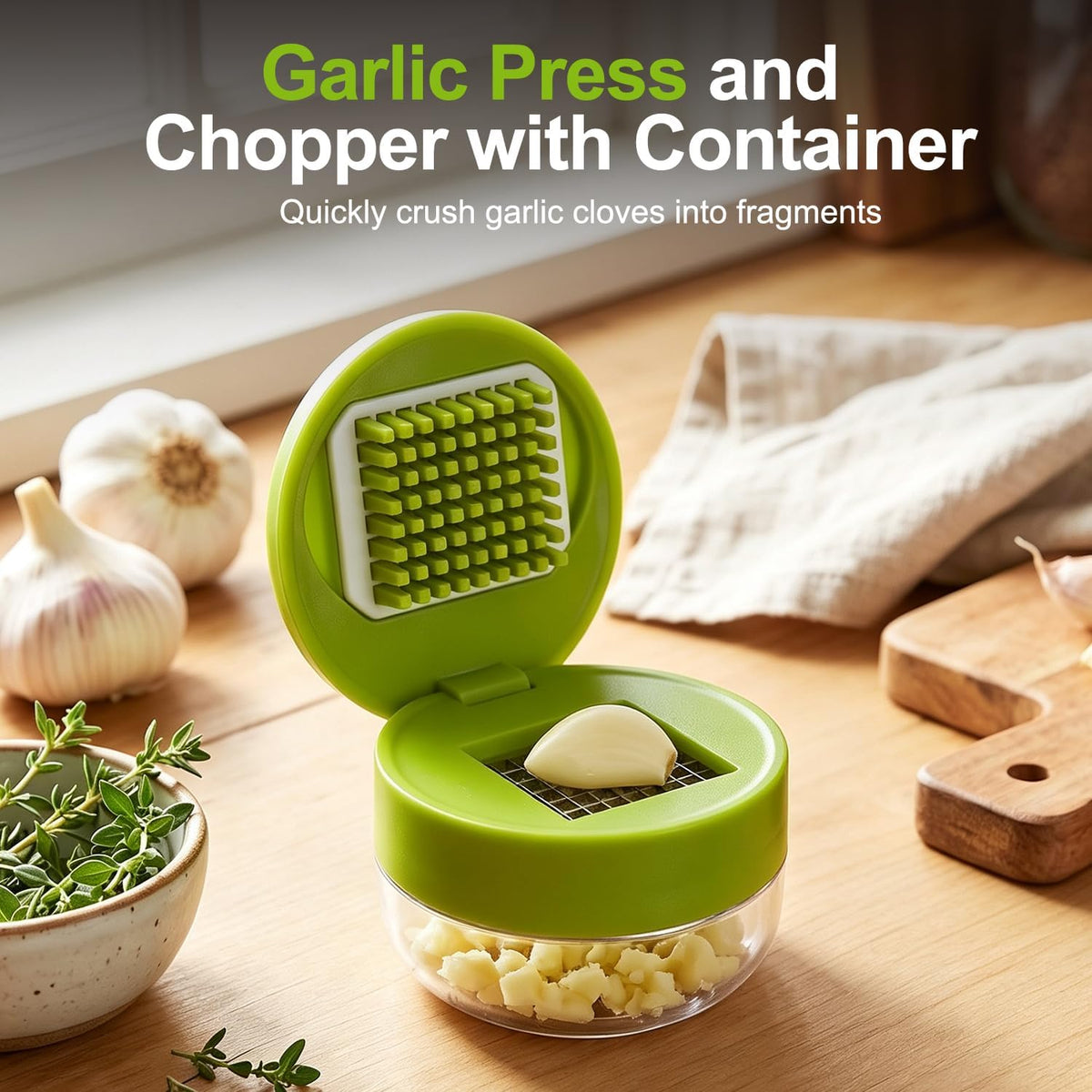 Mini Garlic Chopper and Press with Container，Garlic Press Stainless Steel
