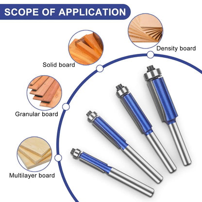 4 Pcs Dual Bearing Flush Trim Router Bit Set, 1/4 Inch Shank