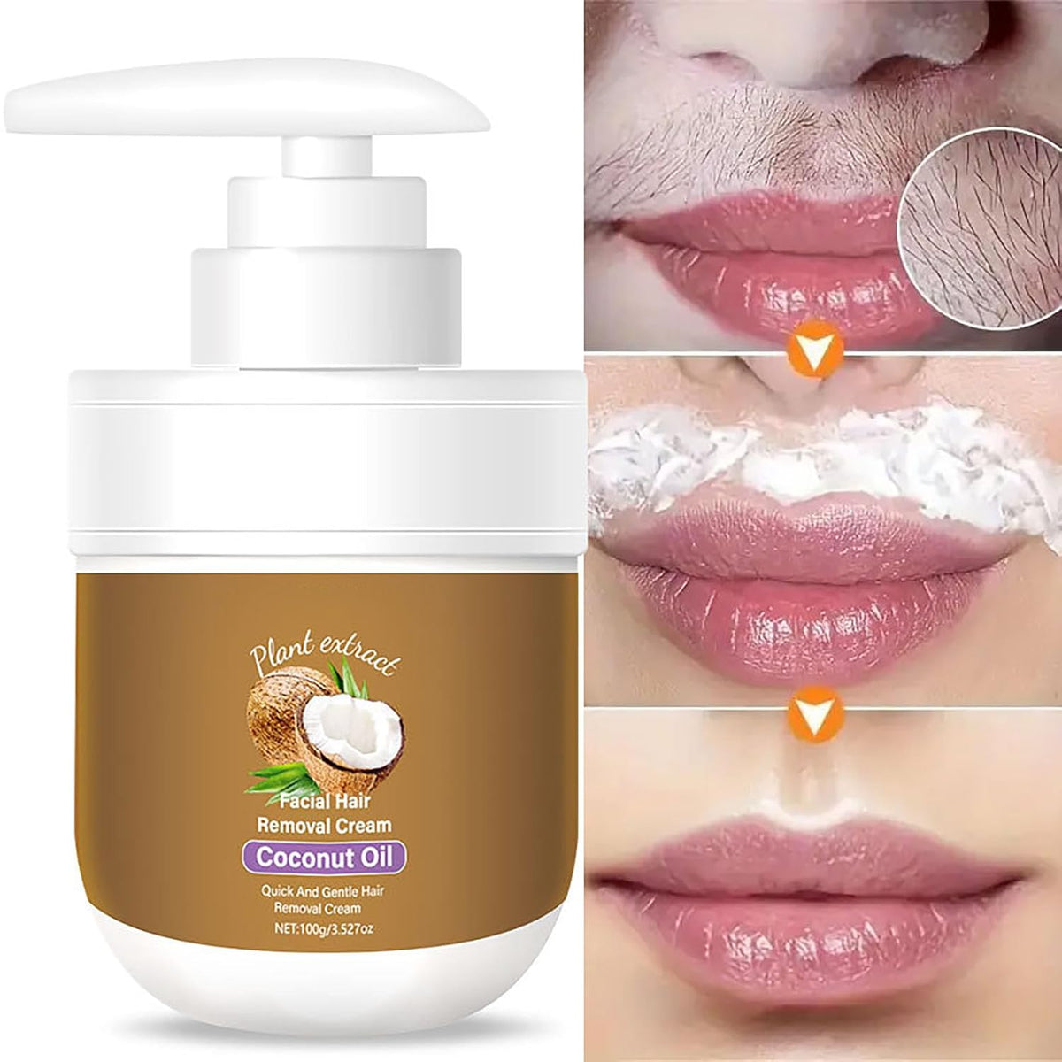 Coconut Facial Hair Removal Cream - Gentle & Effective 3.53 oz