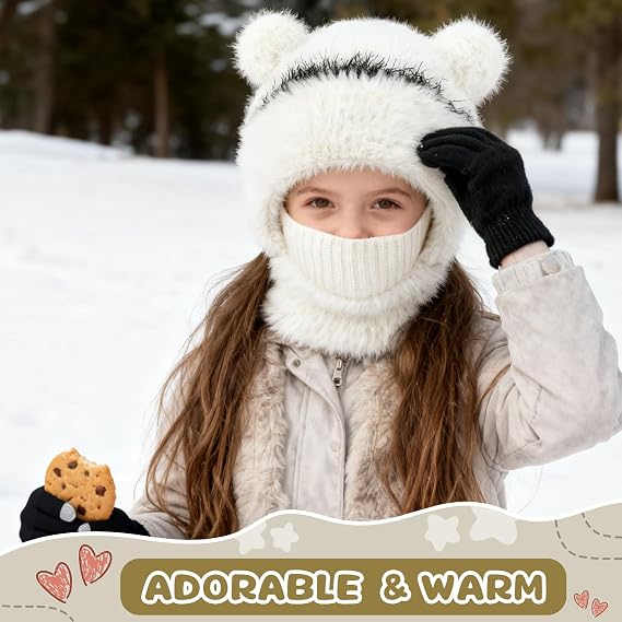 Kids Winter Bear Balaclava Hat, with Face Mask Thick Warm Hooded Cold Weather Hat
