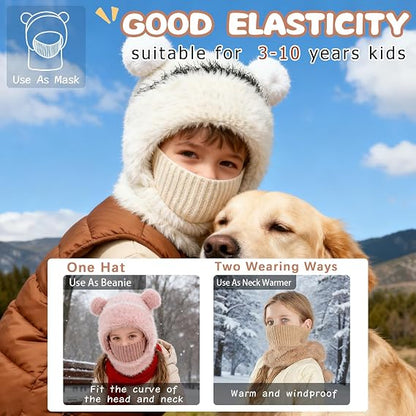 Kids Winter Bear Balaclava Hat, with Face Mask Thick Warm Hooded Cold Weather Hat