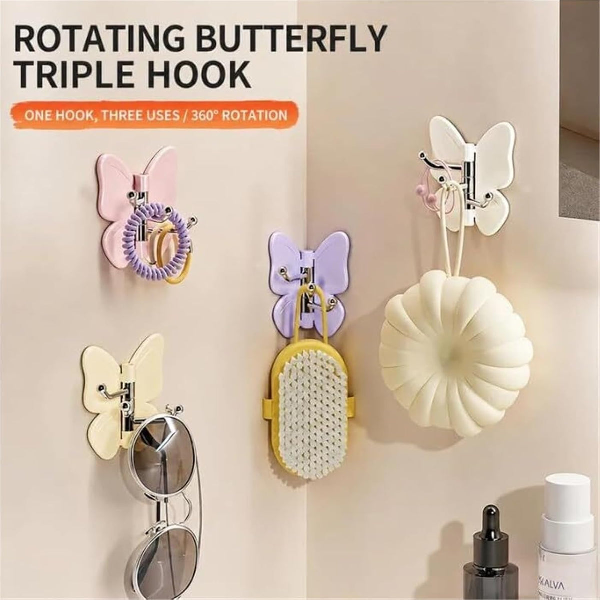 4 Pack Butterfly Triple Prong Swivel Hooks with Strong Adhesive