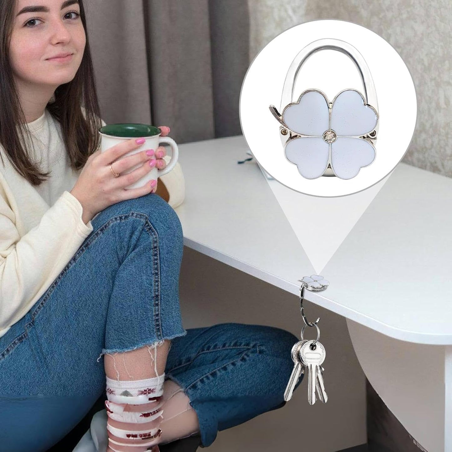 Foldable Purse Hook for Table – Clover Design Portable Handbag Holder for Desk, Table & Anywhere Hanging (White)