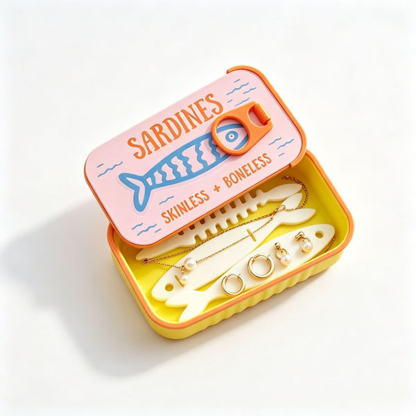 Sardines Travel Jewelry Case with 3 Fish-Shaped Holders