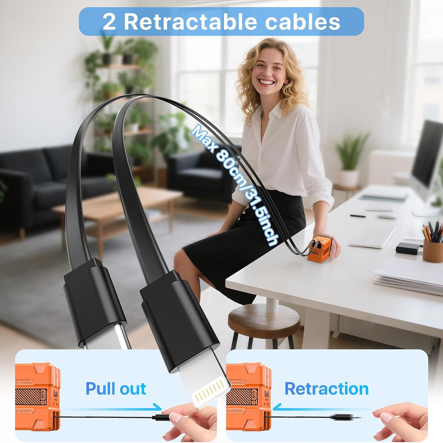 2 in 1 Retractable Wall Charger with Dual Cables