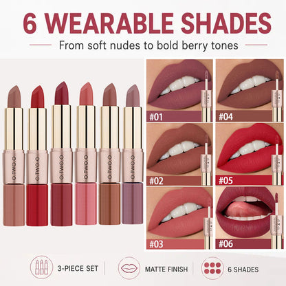 3 Pcs Double Ended Lip Gloss Lipsticks Set Makeup- Matte Long Lasting Waterproof