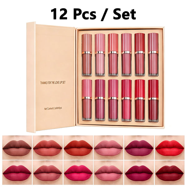 12-Color Matte & Glossy Liquid Lipstick Set – Long-Lasting Waterproof Lip Gloss
