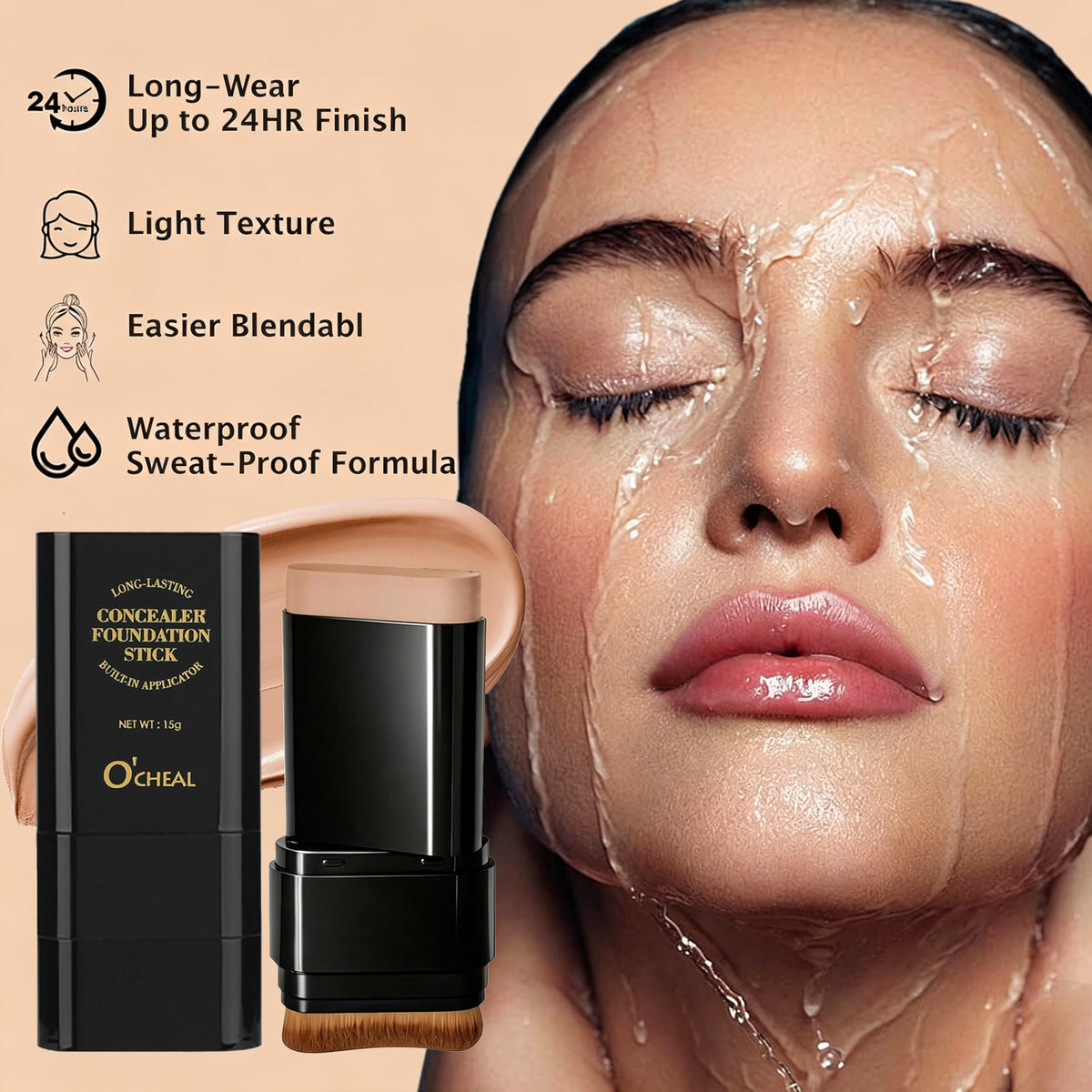 Dual-Ended Full Coverage Foundation Stick with Brush for Even Skin Tone