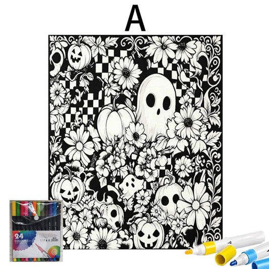 Halloween DIY Coloring Mat 70x100 - Includes 24 Washable Markers