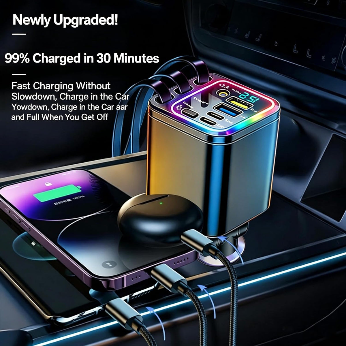 7 In 1 Retractable Car Charger,102W Star Lights Fast Charging Car Charger
