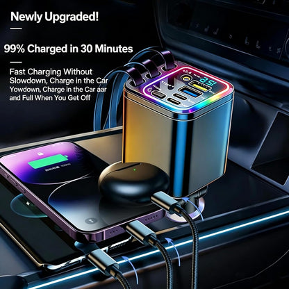 7 In 1 Retractable Car Charger,102W Star Lights Fast Charging Car Charger