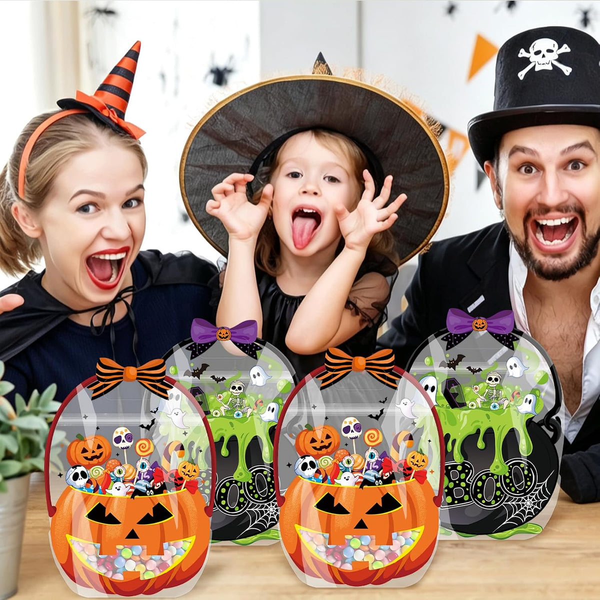 10-Pack Halloween Candy Bags, Pumpkin Skull Plastic Gift Bags