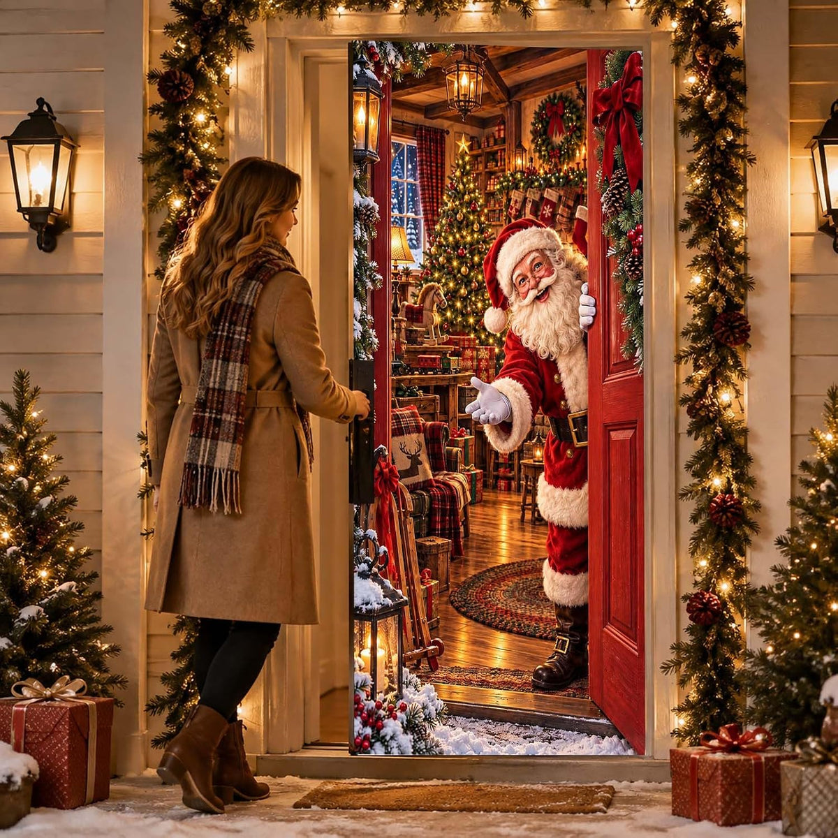 Santa & Reindeer Stretch Fabric Door Banner with Elastic Edges