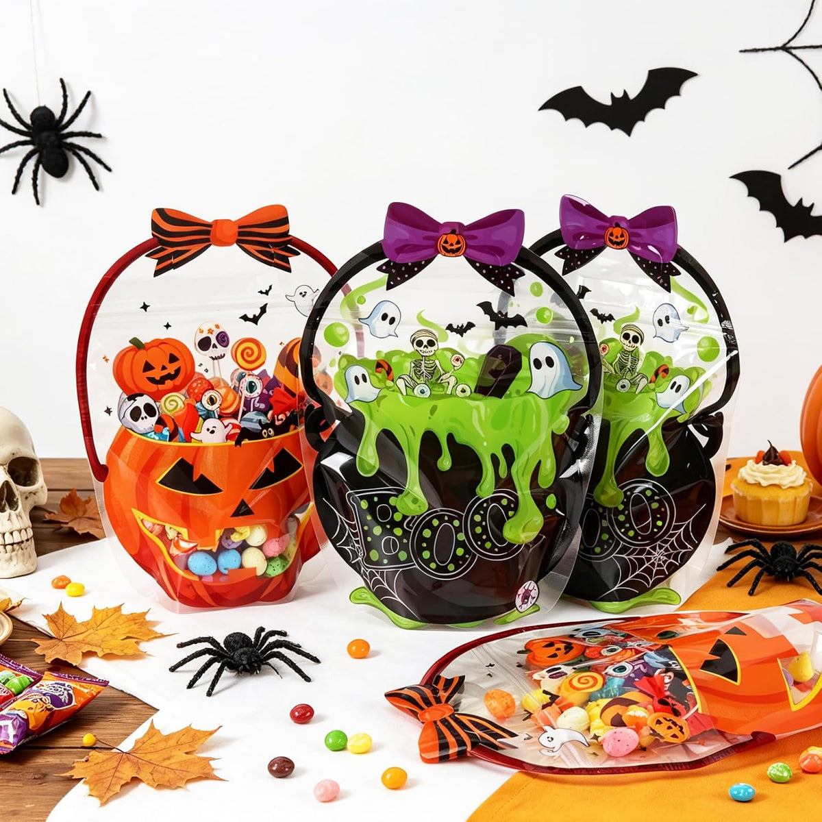 10-Pack Halloween Candy Bags, Pumpkin Skull Plastic Gift Bags