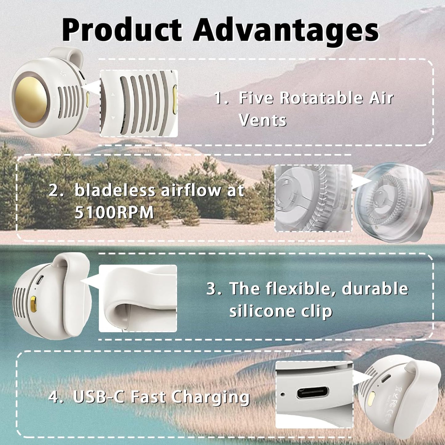 Portable Clip-On Fan, 360° Rotatable Personal Fan 3-Speed Silent Mini Bladeless Fans