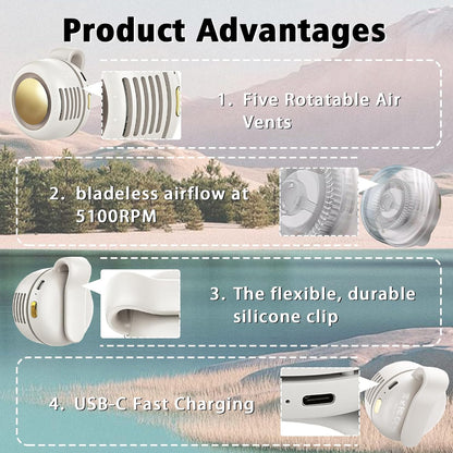 Portable Clip-On Fan, 360° Rotatable Personal Fan 3-Speed Silent Mini Bladeless Fans