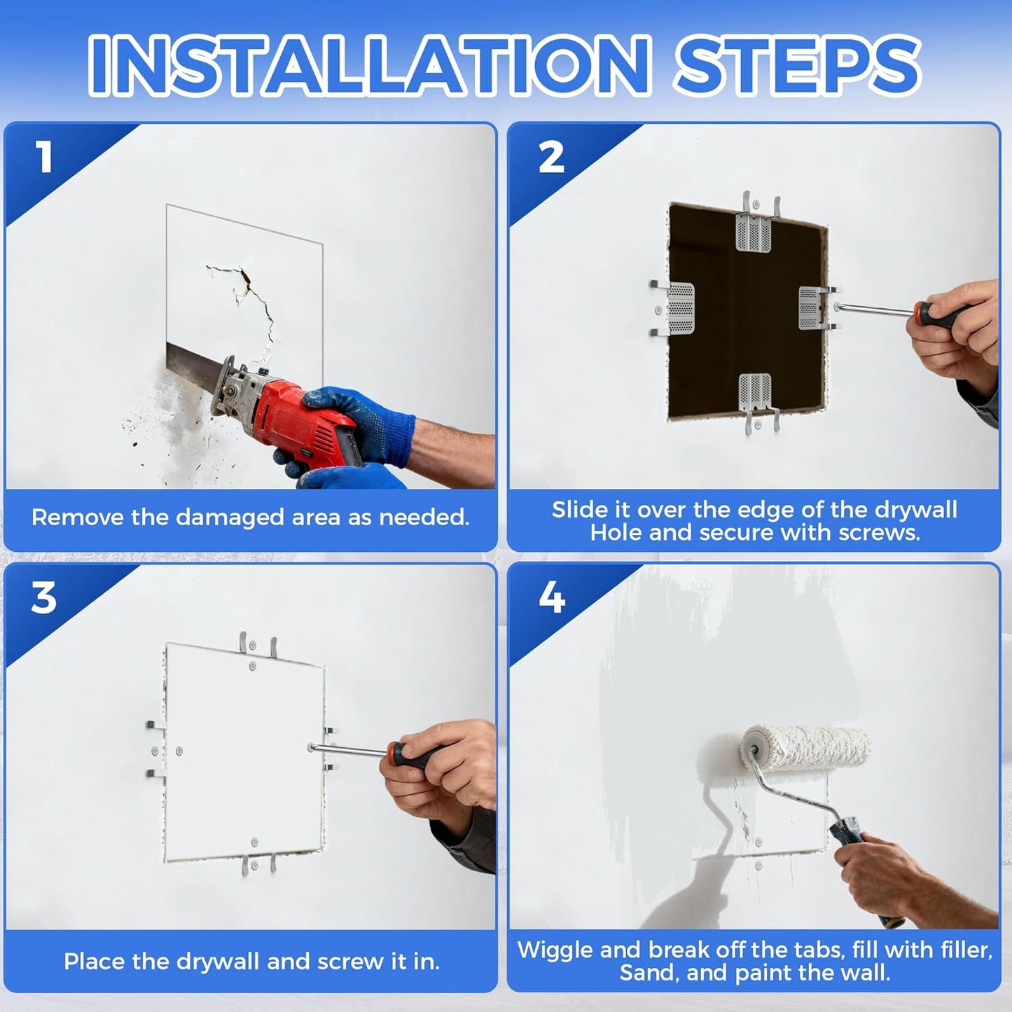 Professional Hole Repair Patch Kit for Wall and Sheetrock, Strong Metal Backing Clips with Screws