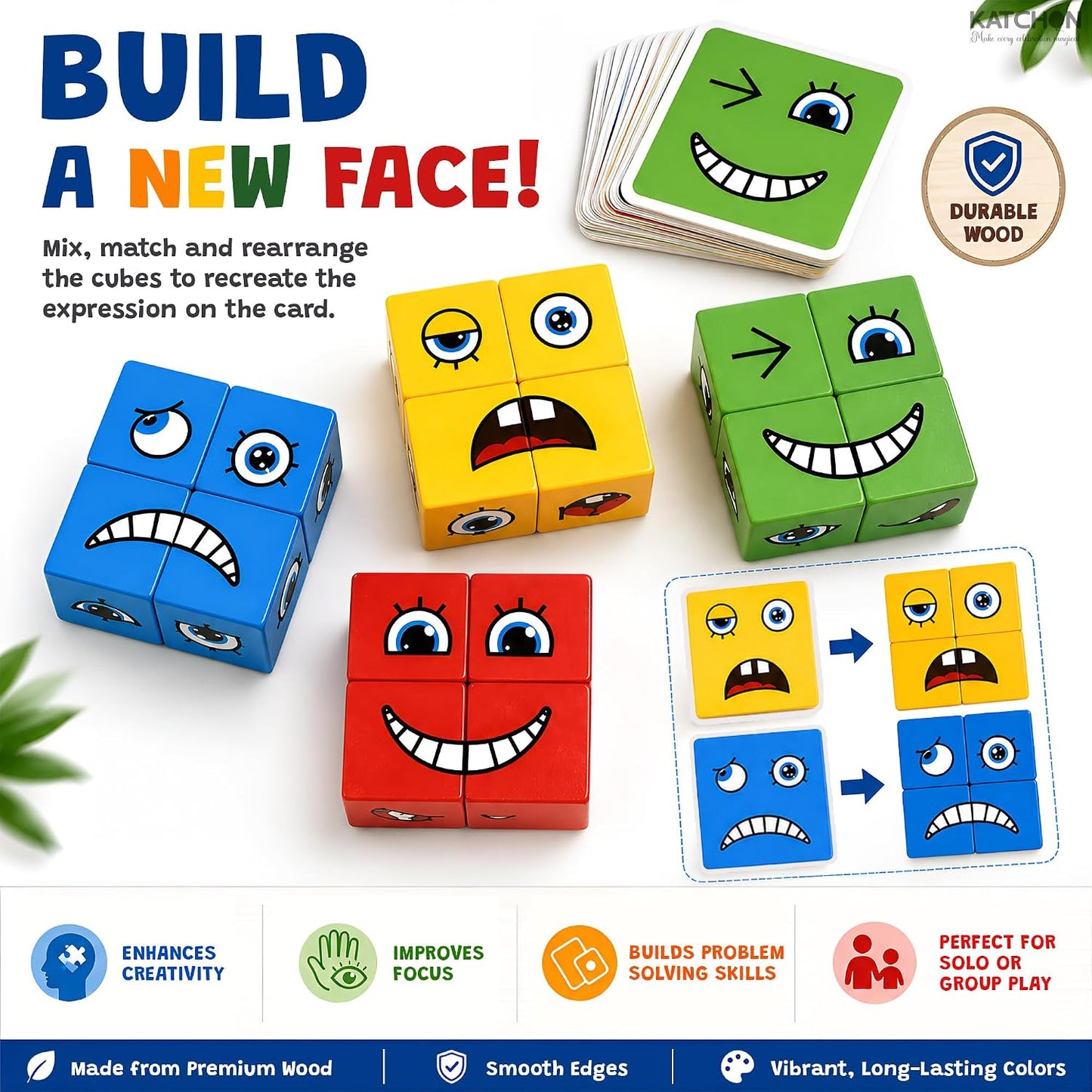 Wooden Face Changing Magic Cube Building Blocks Game with Bell