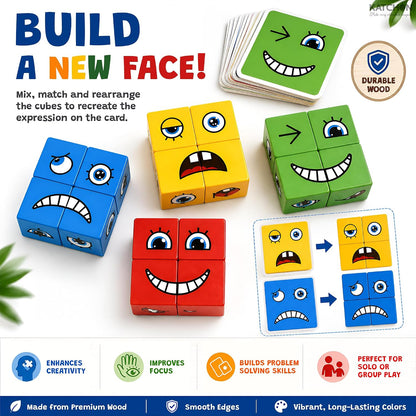 Wooden Face Changing Magic Cube Building Blocks Game with Bell