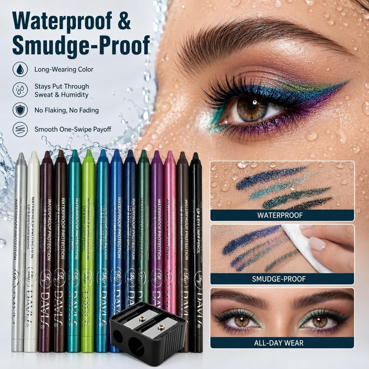 15PCS Colorful Eyeliner Pen Set with Pencil Sharpener
