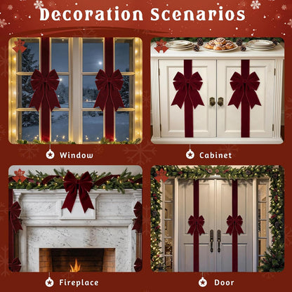 4 Pcs Burgundy Velvet Christmas Cabinet Bows Ribbons