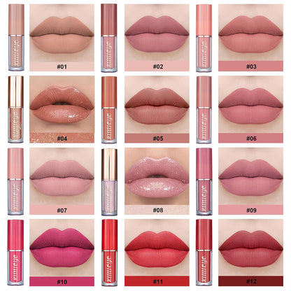 12-Color Matte & Glossy Liquid Lipstick Set – Long-Lasting Waterproof Lip Gloss