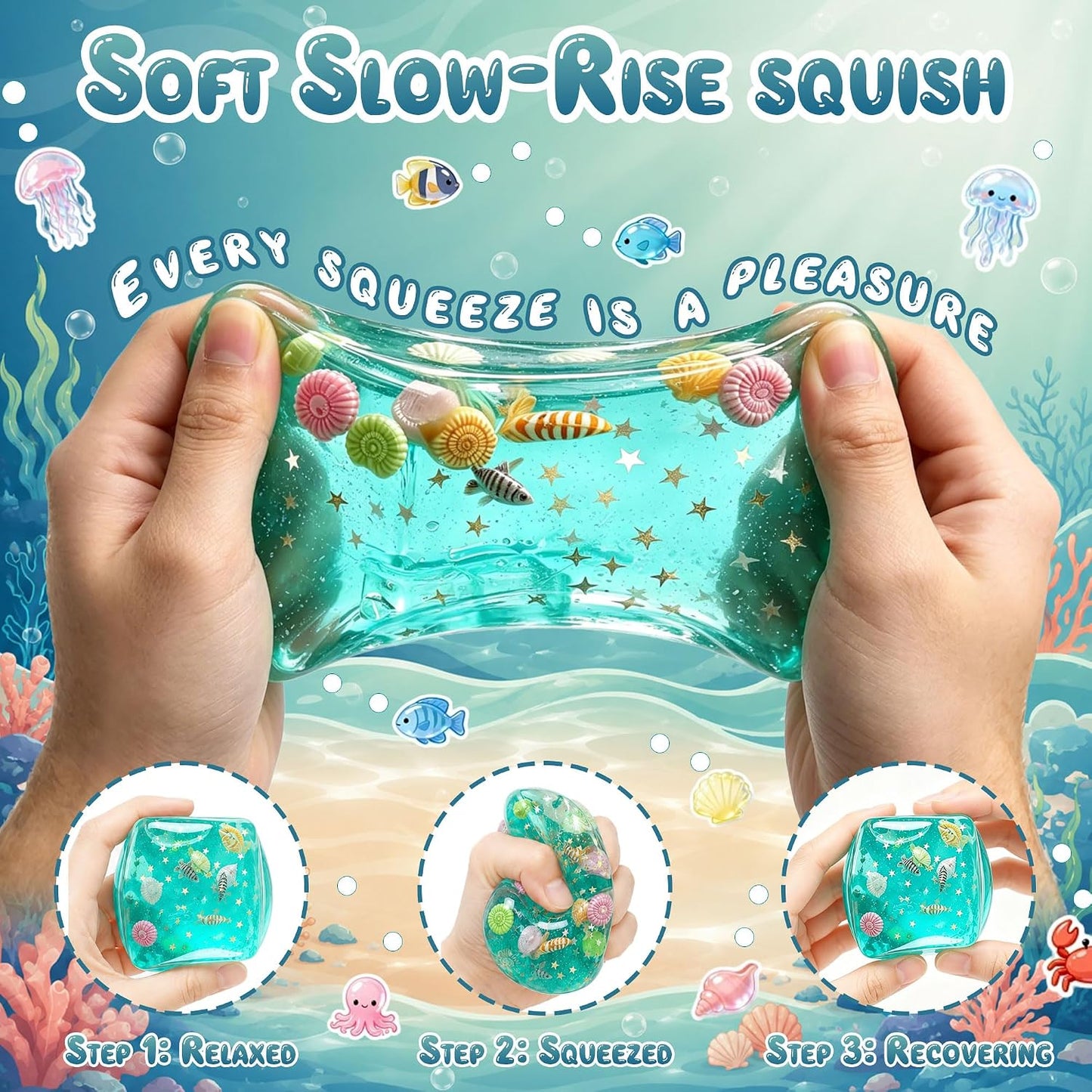 Ice Cube Squishy Stress Toy – Slow Rising Sensory Fidget Squeeze Toy with Seashells for Kids & Adults