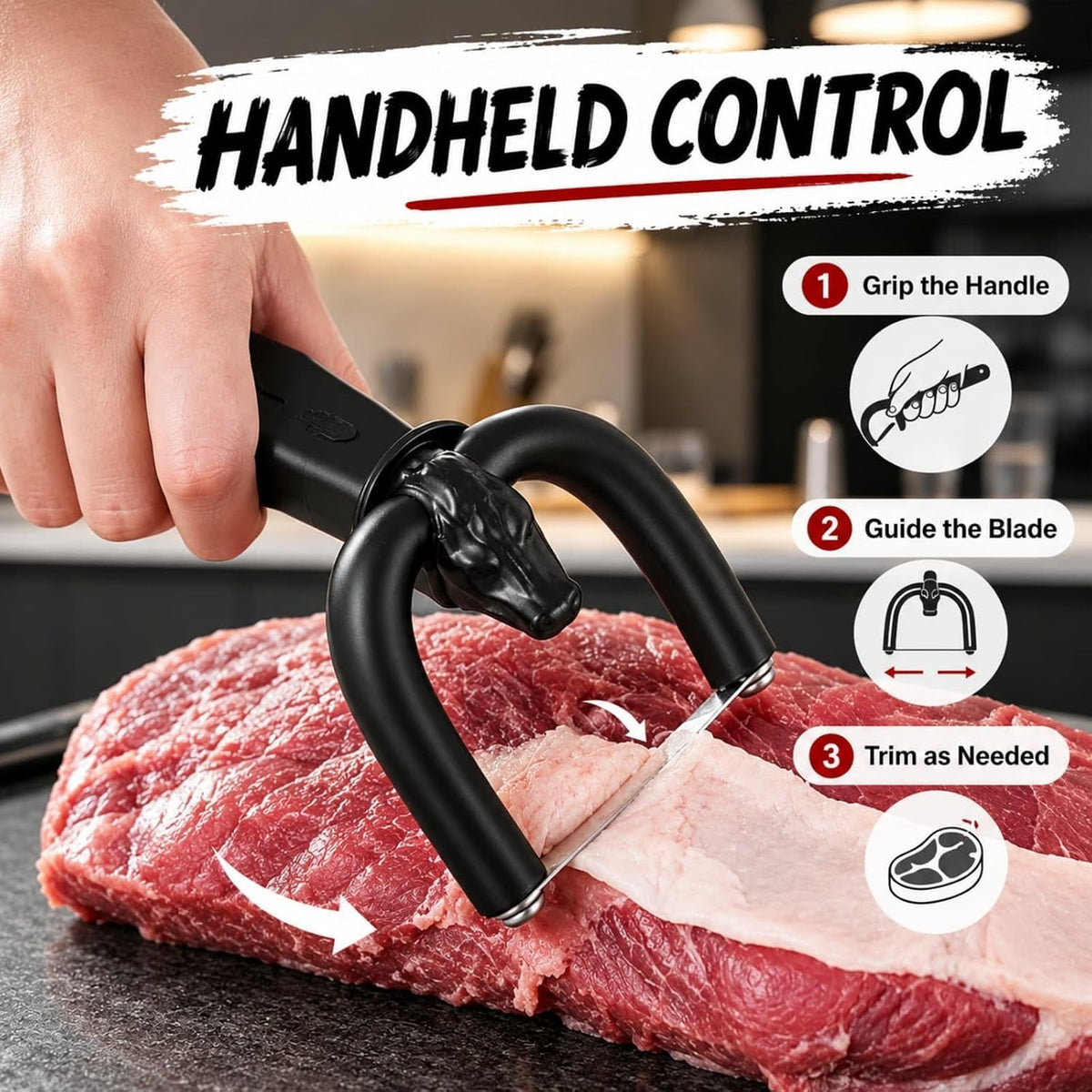 Handheld Steel Blade Meat Cutting Knife, U-Grip Ergonomic Fat Trimming