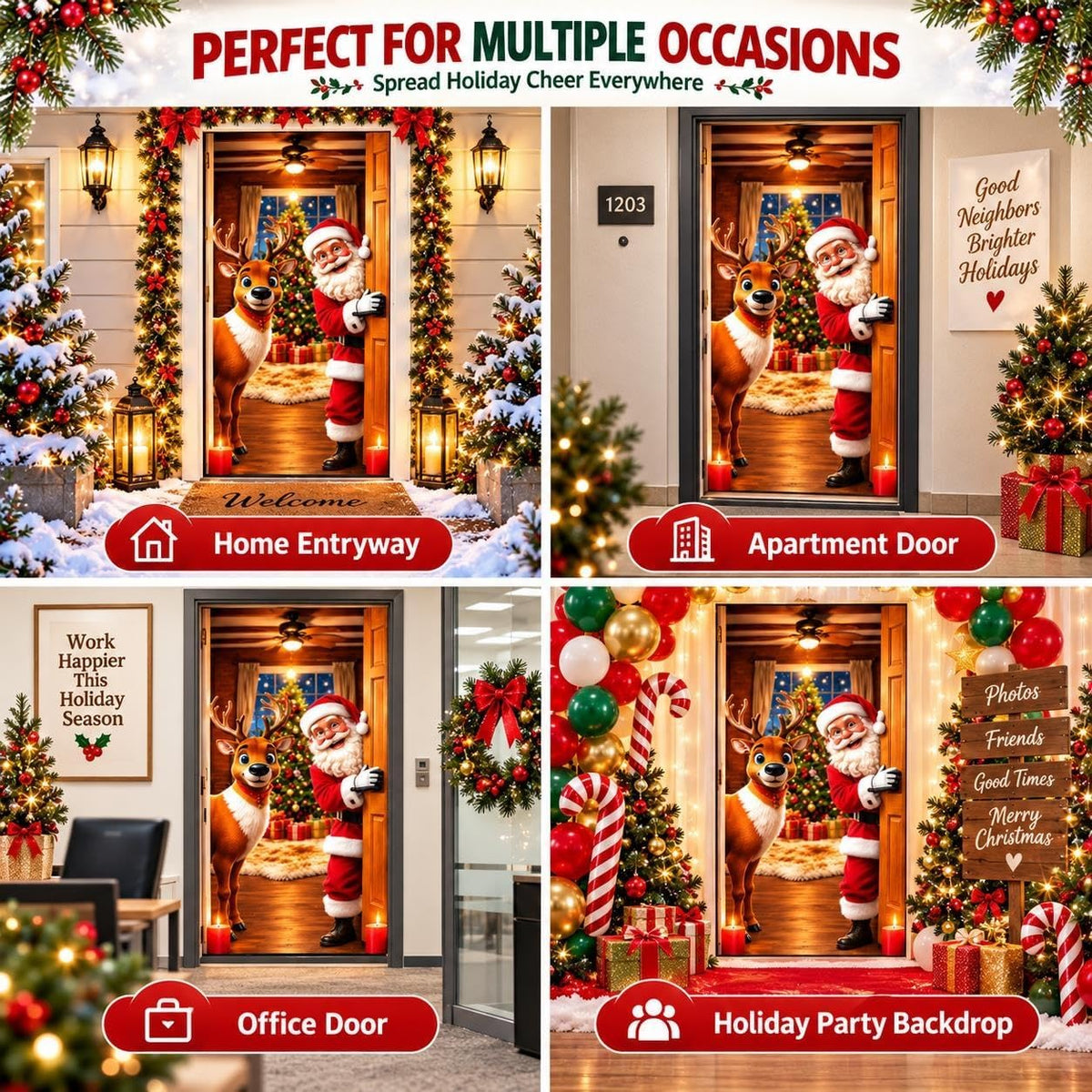Santa & Reindeer Stretch Fabric Door Banner with Elastic Edges