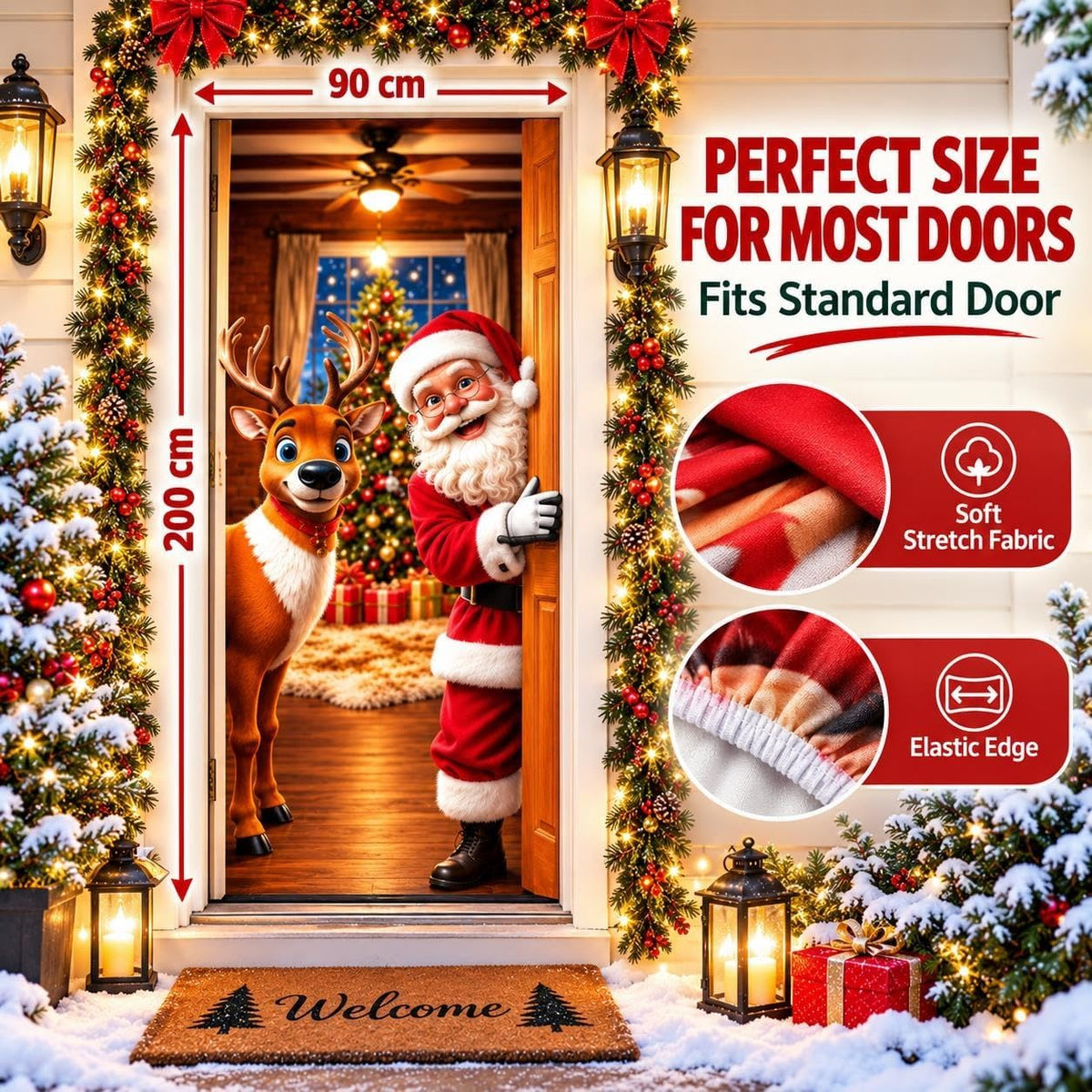 Santa & Reindeer Stretch Fabric Door Banner with Elastic Edges