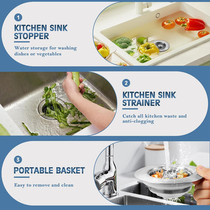 Upgraded 3 in 1 Kitchen Sink Drain Strainer, Stainless Steel, Larger Anti-Clogging Basket