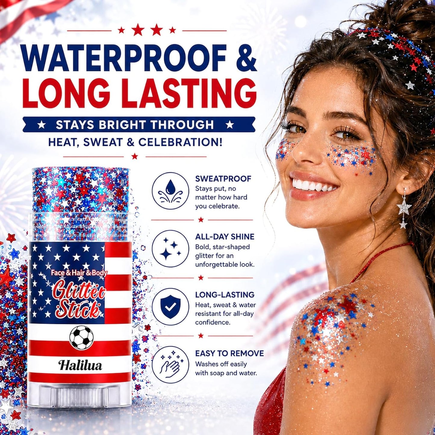 Patriotic Body Glitter Stick, Red White and Blue Glitter Stick