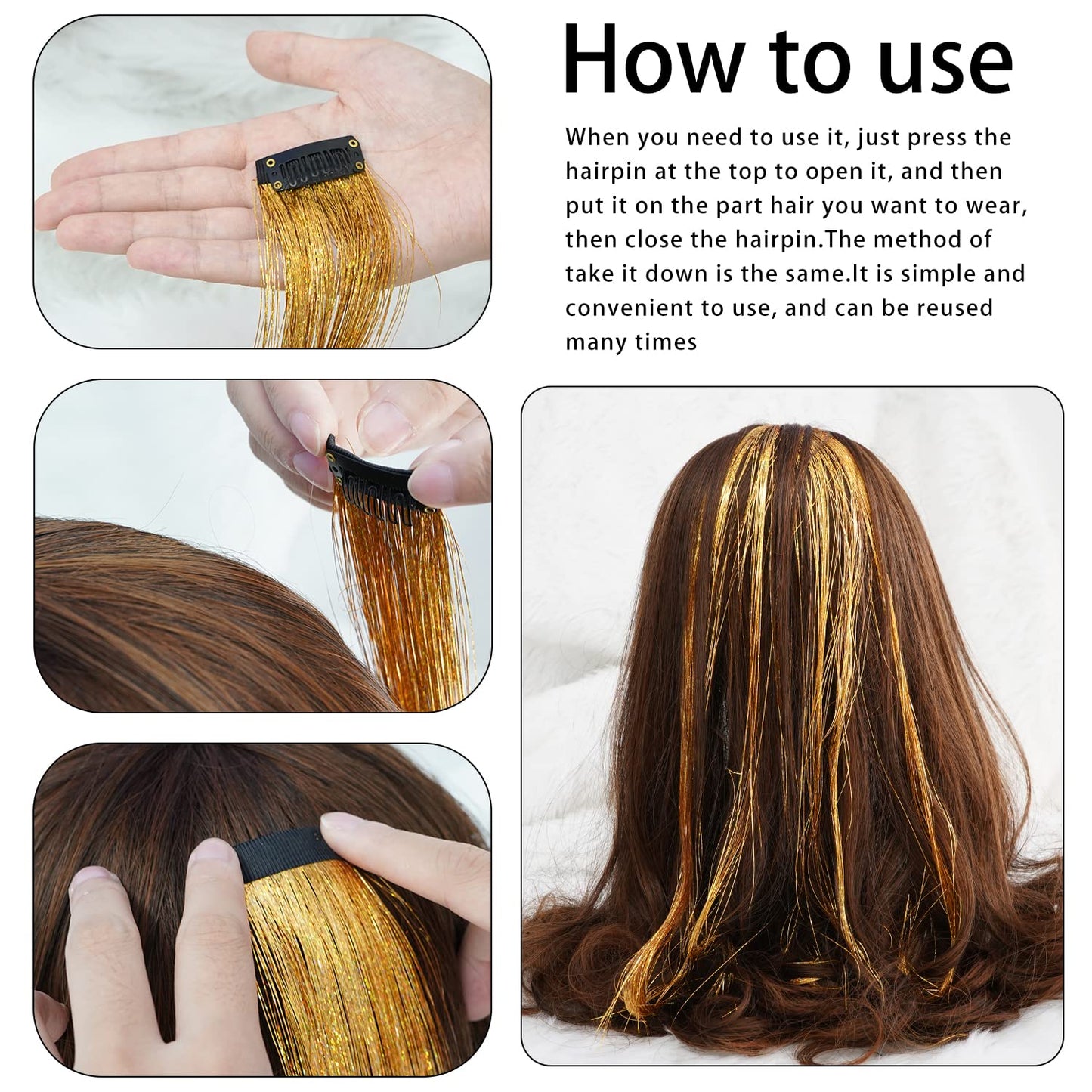 6 Pcs Clip-in Hair Tinsel, Gold Metallic Hair Accessories for Party & Daily Wear