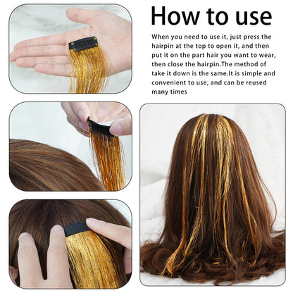 6 Pcs Clip-in Hair Tinsel, Gold Metallic Hair Accessories for Party & Daily Wear