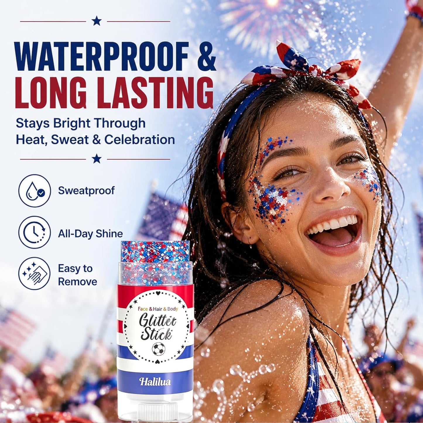 Patriotic Body Glitter Stick, Red White and Blue Glitter Stick