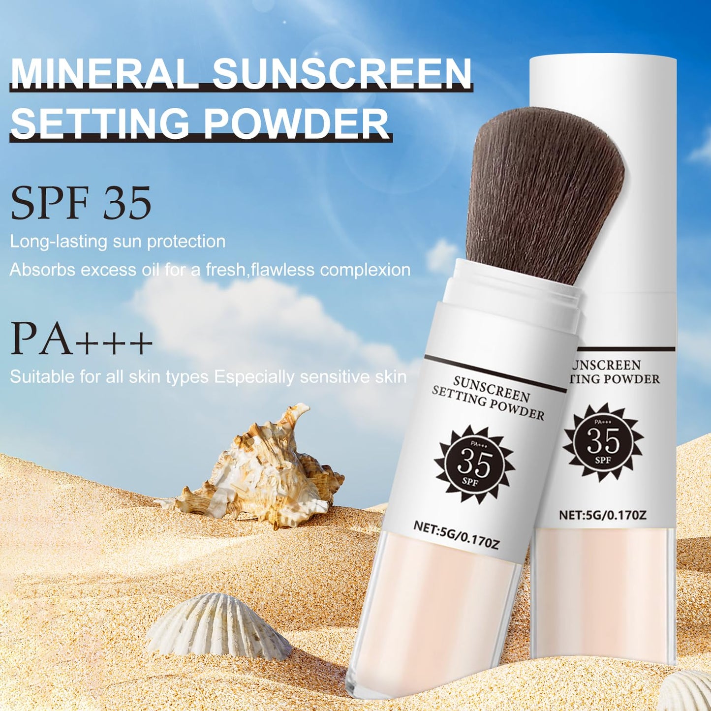 Sunscreen Setting Powder SPF 35, Mineral Brush Powder for Face & Scalp