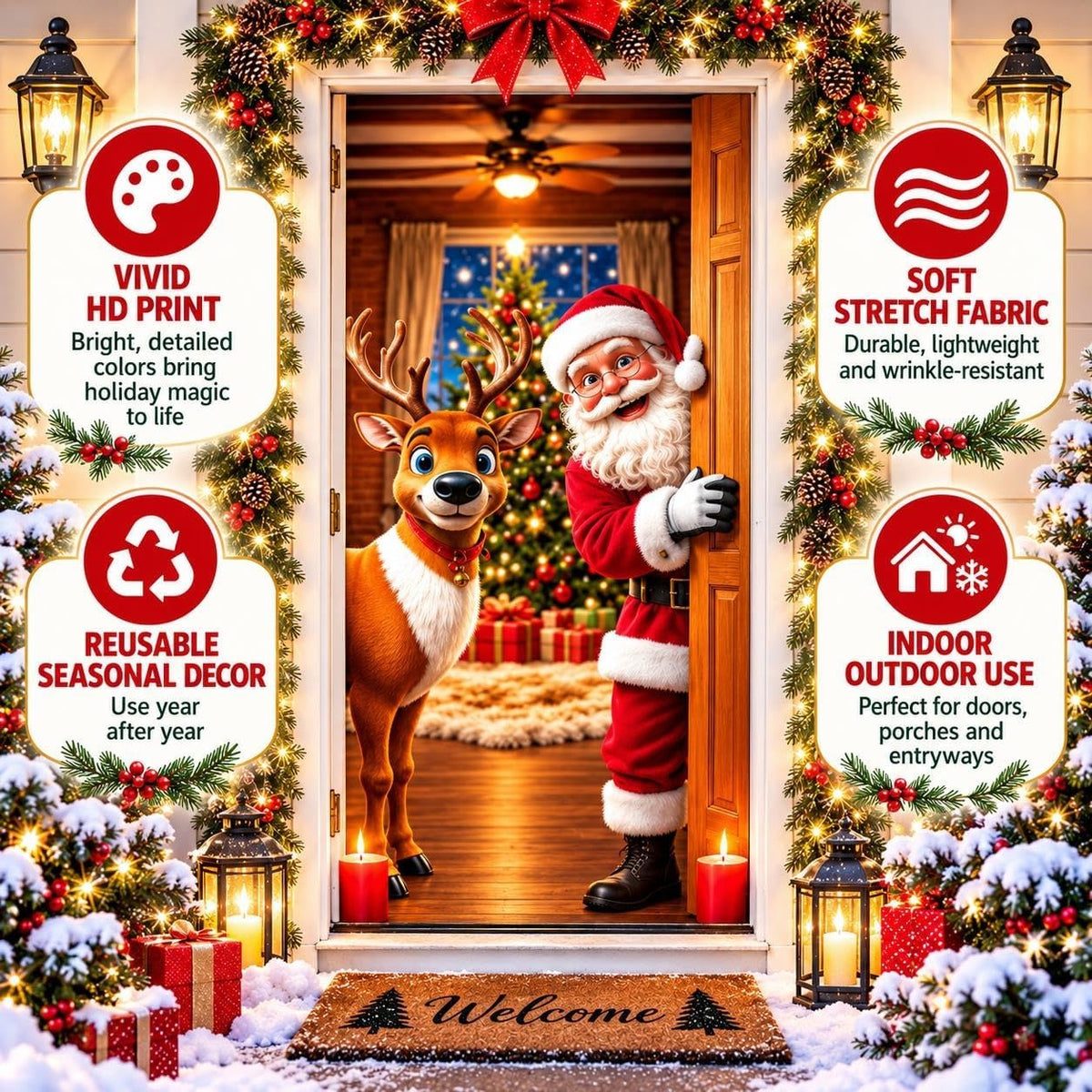 Santa & Reindeer Stretch Fabric Door Banner with Elastic Edges