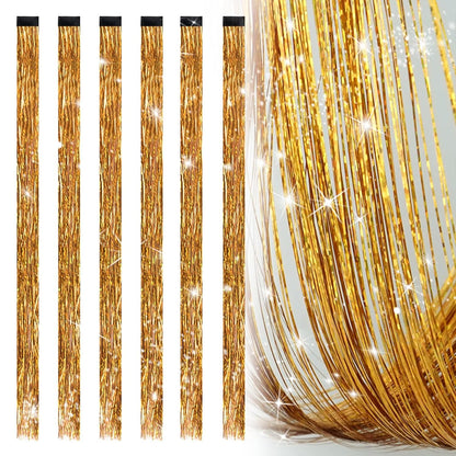 6 Pcs Clip-in Hair Tinsel, Gold Metallic Hair Accessories for Party & Daily Wear