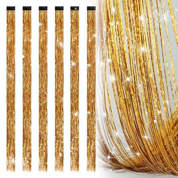 6 Pcs Clip-in Hair Tinsel, Gold Metallic Hair Accessories for Party & Daily Wear