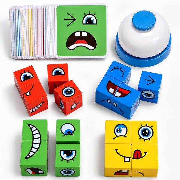 Wooden Face Changing Magic Cube Building Blocks Game with Bell