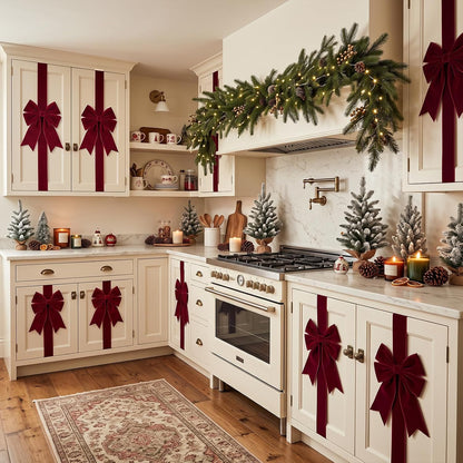 4 Pcs Burgundy Velvet Christmas Cabinet Bows Ribbons